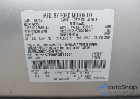 2015 Ford Explorer Limited z USA, uszkodzony, nr VIN 1FM5K7F86FGB78934